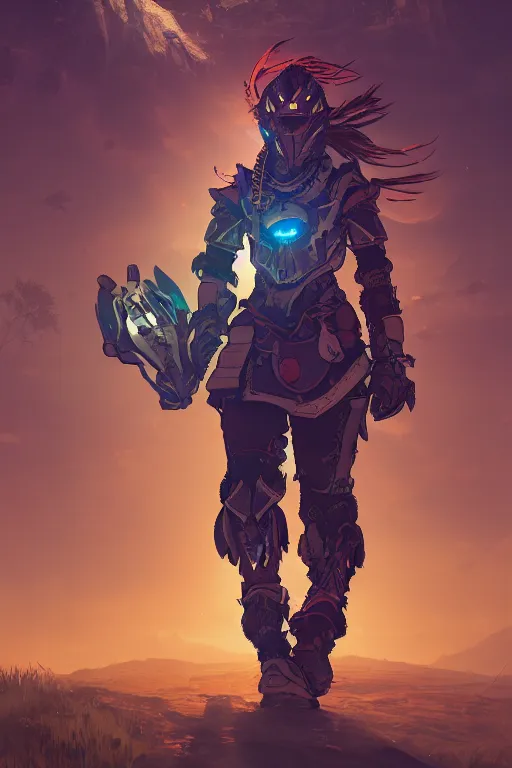 Image similar to combination suit armor aloy horizon forbidden west horizon zero dawn radiating a glowing aura global illumination ray tracing hdr fanart arstation by ian pesty and alena aenami artworks in 4 k tribal robot ninja mask helmet backpack