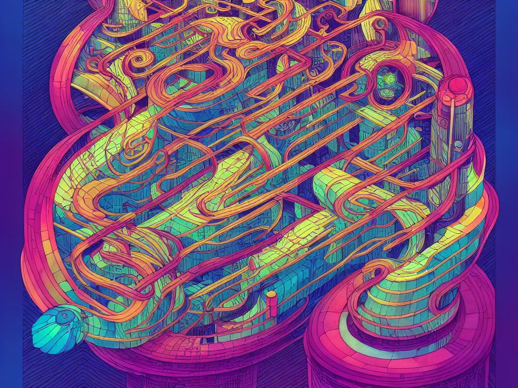 Prompt: twisted turn of fate abstraction, centered award winning ink pen illustration, isometric abstract illustration by dan mumford, edited by craola, technical drawing by beeple and tooth wu, tiny details by artgerm and watercolor girl, symmetrically isometrically centered