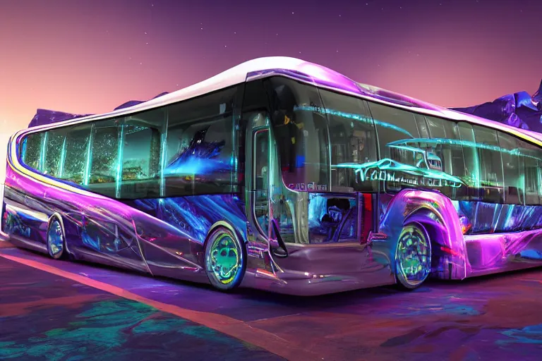 Image similar to photo of a futuristic nightliner bus outside in las vegas at night, custom airbrush paintjob, band name on the bus is tripmachine, realistic digital art, textured with a 3 d render of a huge futuristic steampunk generator, 8 k, fluorescent colors, halluzinogenic, multicolored, exaggerated detailed, unreal engine