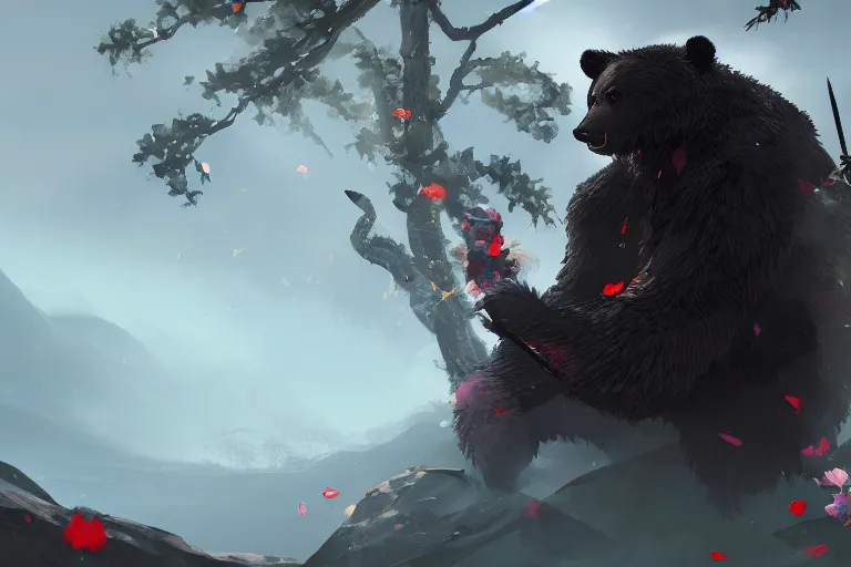 Image similar to an environmental concept art of samurai anthropomorohic black bear, samurai duel, sakura petals blowing in the wind, highly detailed, environmental light, epic, 8 k, artstation, deviantart, award winning, cinematic by francis tneh