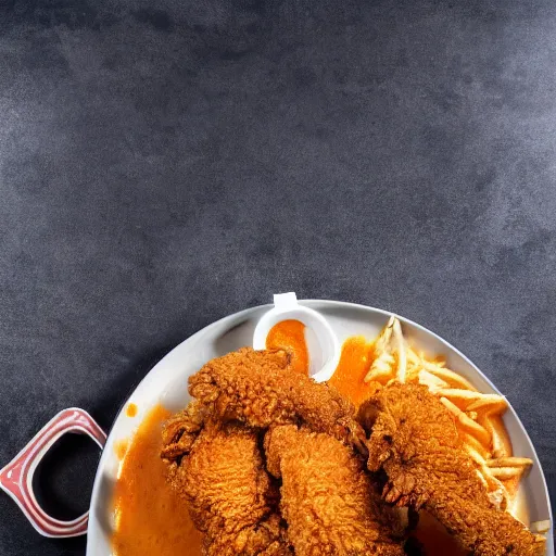 Prompt: photograph of a fried chicken and funnel cake basket, Buffalo sauce on the side, 4K, HD