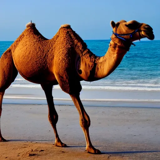 Prompt: a camel walking on the beach