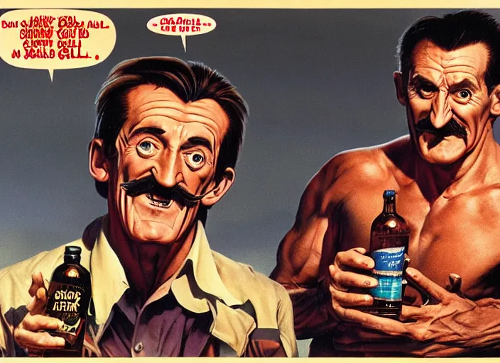 Prompt: barry chuckle drinking a bottle of snake oil, snake oil advertisement from 1 9 8 8, artwork by frank frazetta and richard corben, 3 d, high resolution 8 k