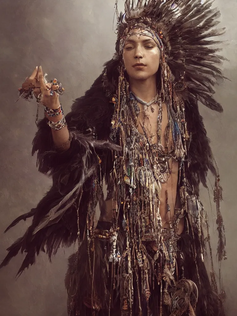 Prompt: A realistic photo centered portrait of a wise and mystical shaman with a head dress made of feathers and beads with dark robes and trinkets of silver casting a magical spell , by Greg Rutkowski, HD , trending on artstation