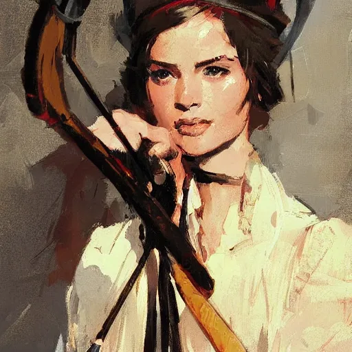 Image similar to portrait of woman wearing medieval holding a bow and arrow, detailed by greg manchess, craig mullins, bernie fuchs, walter everett