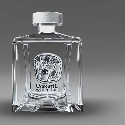 Prompt: crystal skull cologne bottle, clear liquid, with silver runes on it, photorealistic, product photography, 3D