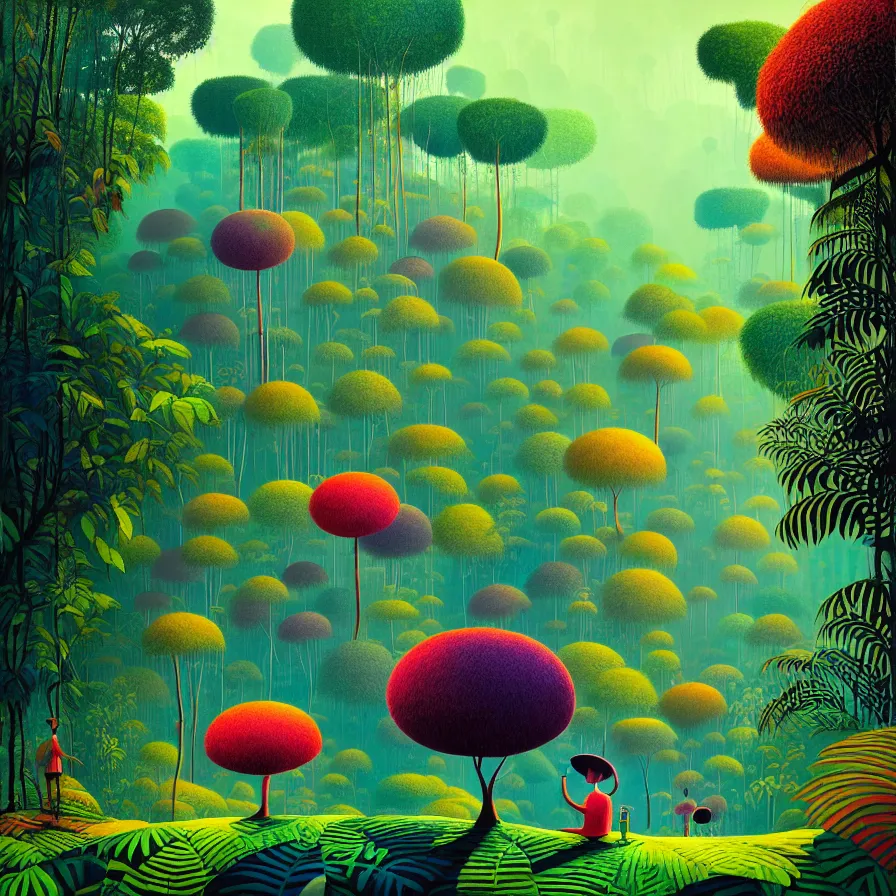 Prompt: surreal glimpse, malaysia jungle, summer morning, very coherent and colorful high contrast, art by gediminas pranckevicius, james gilleard, floralpunk screen printing woodblock, dark shadows, hard lighting, stippling dots,