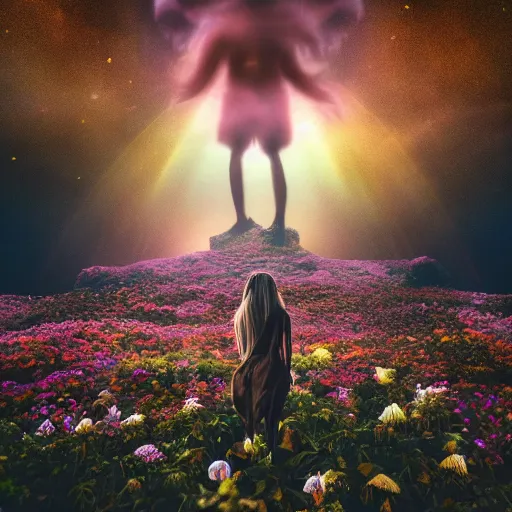 Image similar to A picture of a planet of various flowers, fungus and plants, in which the human figure is dressed in something magical and impressive, inside the picture is infinity, sunset light, Atmospheric phenomenon, artistic photography, muted colors, conceptual