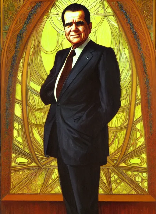 Prompt: oil portrait of richard nixon, intricate, elegant, highly detailed, lighting, painting, artstation, smooth, illustration, art by greg rutowski and alphonse mucha