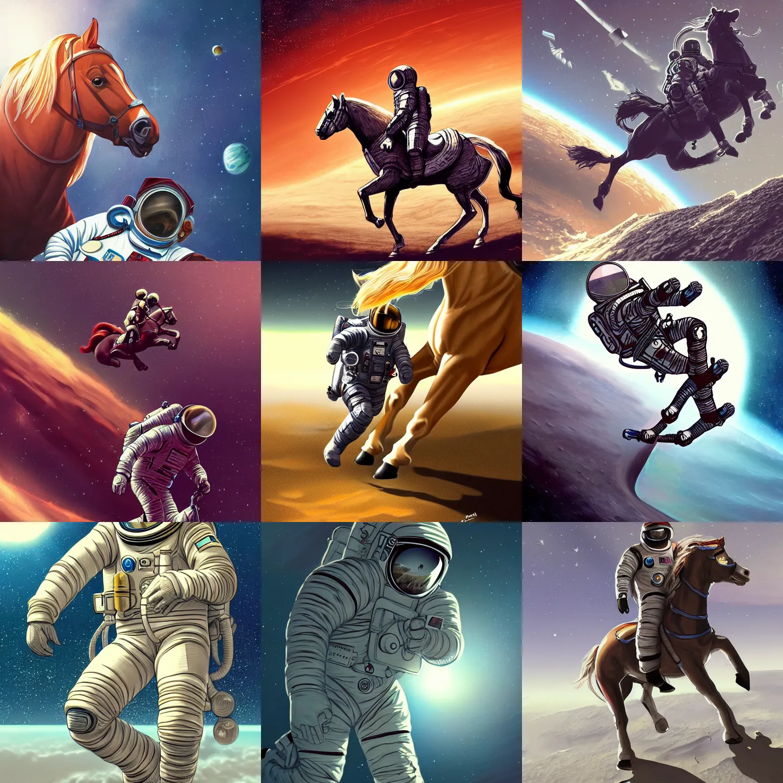 Prompt: illustration astronaut under the horse astronaut at the top horse at the bottom beautiful, high detailed, illustration artstation, shaped picture, sci - fi, futuristic
