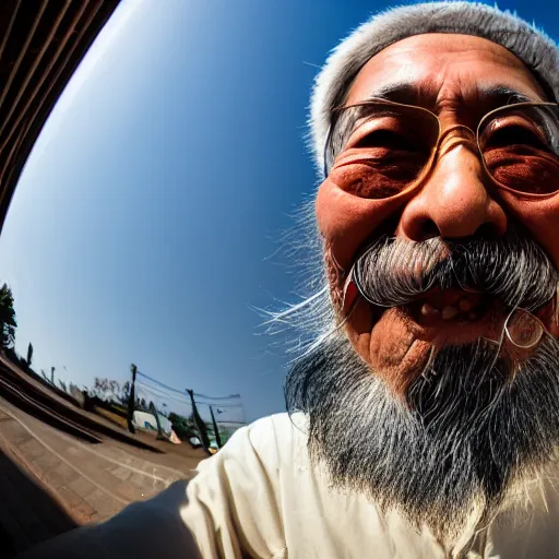 Prompt: Fisheye selfie of an old japanese man with long beard, extreme fisheye
