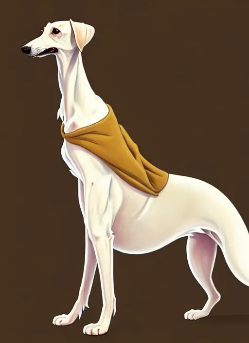 Image similar to cute white brown greyhound wearing golden cape, natural lighting, path traced, highly detailed, high quality, digital painting, by don bluth and ross tran and studio ghibli and alphonse mucha, artgerm