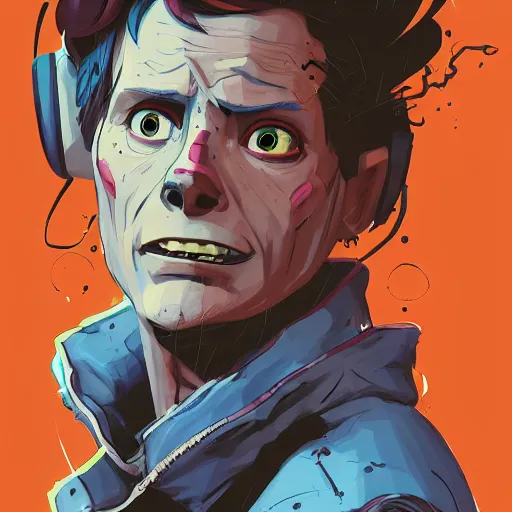 Image similar to a study of cell shaded portrait of marty mcfly as Borderlands 3 concept art, llustration, post grunge, concept art by josan gonzales and wlop, by james jean, Victo ngai, David Rubín, Mike Mignola, Laurie Greasley, highly detailed, sharp focus, alien, Trending on Artstation, HQ, deviantart, art by artgem