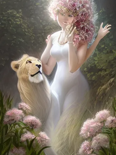 Prompt: a woman and a lion, wearing a cute white dress adorned with flowers, hugging a ferocious lion. intricate, elegant, highly detailed, digital painting, artstation, concept art, sharp focus, illustration, by justin gerard and artgerm, 8 k