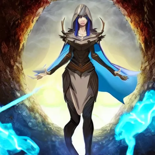 Image similar to a confident mage woman with long blue cape and brown flowing hair!! disovering ark survival evolved! inside a futuristic portal!!