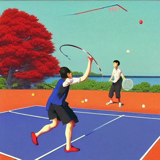 Prompt: a colorful illustration of men playing badminton, by kawase hasui, Edward Hopper and James Gilleard, Zdzislaw Beksinski, Steven Outram colorful flat surreal design, hd, 8k, artstation