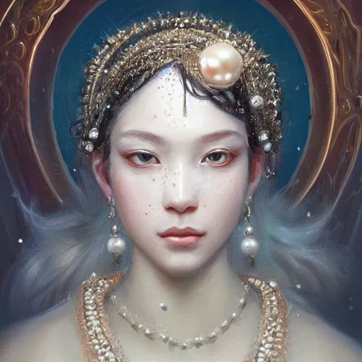 Prompt: a beautiful portrait of a pearl goddess with glittering skin, a detailed painting by greg rutkowski and raymond swanland, featured on cgsociety, fantasy art, detailed painting, artstation hd, photorealistic