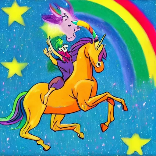 Prompt: hulk hogan riding on a unicorn with rainbow background, trending on artnet