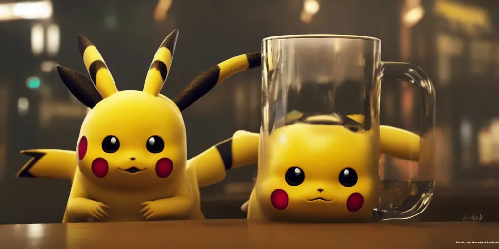 Prompt: a realistic Pikachu drinking beer, digital art, wide shot, highly detailed, hyperrealistic, photorealistic, unreal engine 5, very detailed, made by a professional 3d artist, dynamic lighting, trending on artstation, 4k uhd, epic composition, masterpiece