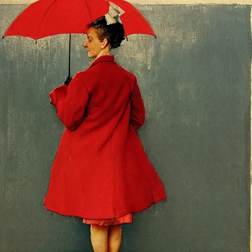 Image similar to woman with red coat and cyan umbrella, by norman rockwell