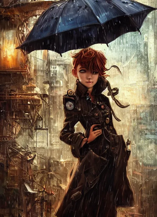 Image similar to girl, steampunk, goggles, pilot, standing in the rain with an umbrella, wet, raindrops, portait, made by stanley artgerm lau, wlop, rossdraws, james jean, andrei riabovitchev, marc simonetti, yoshitaka amano, artstation