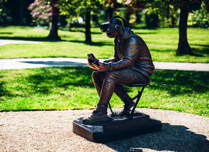 Image similar to photo still of a bronze statue of a man gaming in vr in a park on a bright sunny day, 8 k 8 5 mm f 1 6