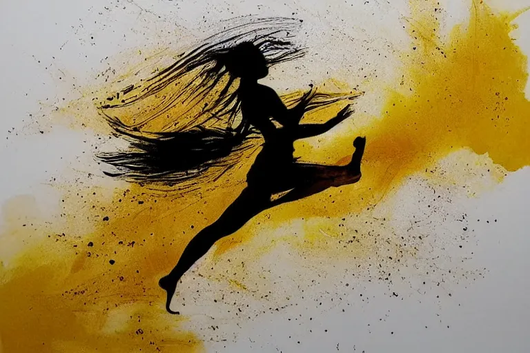 Image similar to beautiful serene runner, healing through motion, life, uplifting, minimalistic golden and ink airbrush painting on white background