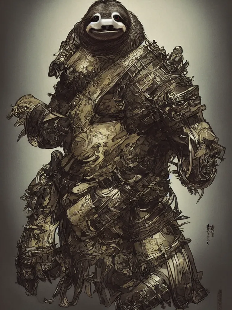 Image similar to graphic, hyperreal illustration of anthropomorphic sloth in traditional samurai armor : : digital art, concept art, character development : : illustrated by artgerm, yoji shinkawa, scott buoncristiano, nychos