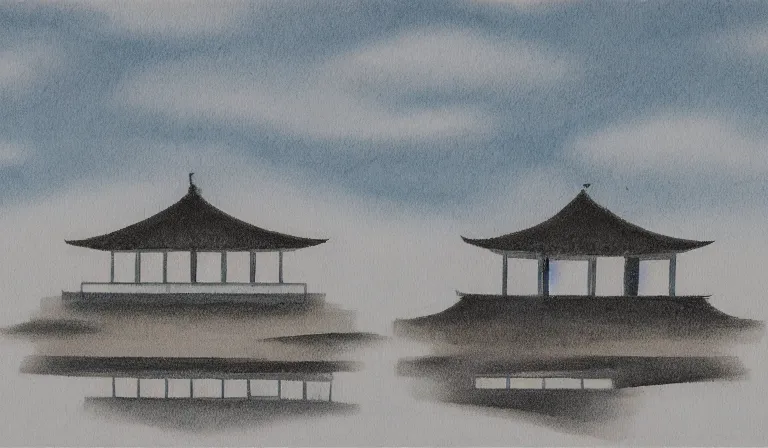 Image similar to a serene landscape with a singular building in the style of feng zhu.