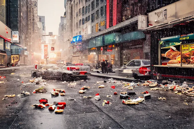 Image similar to commercial photography cinematic wide shot of fastfood falling down on the streets of new york, it's raining food