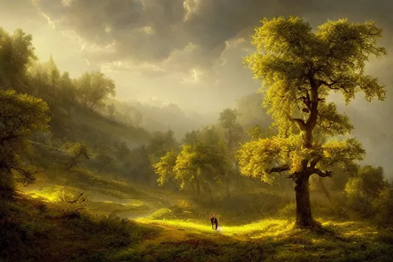 Image similar to masterpiece painting of oak trees on a hillside overlooking a creek, dramatic lighting, by jonas de ro