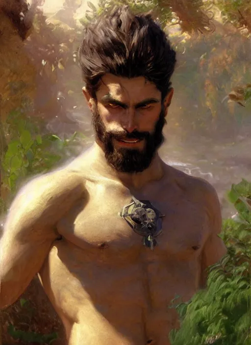 Image similar to detailed cinematic wide shot of muscular attractive young aztecc man beard slim face symmetrical face tanskin green eyes white hair wearing sea clothes, ultra realistic, spring light, painting by gaston bussiere, craig mullins, j. c. leyendecker