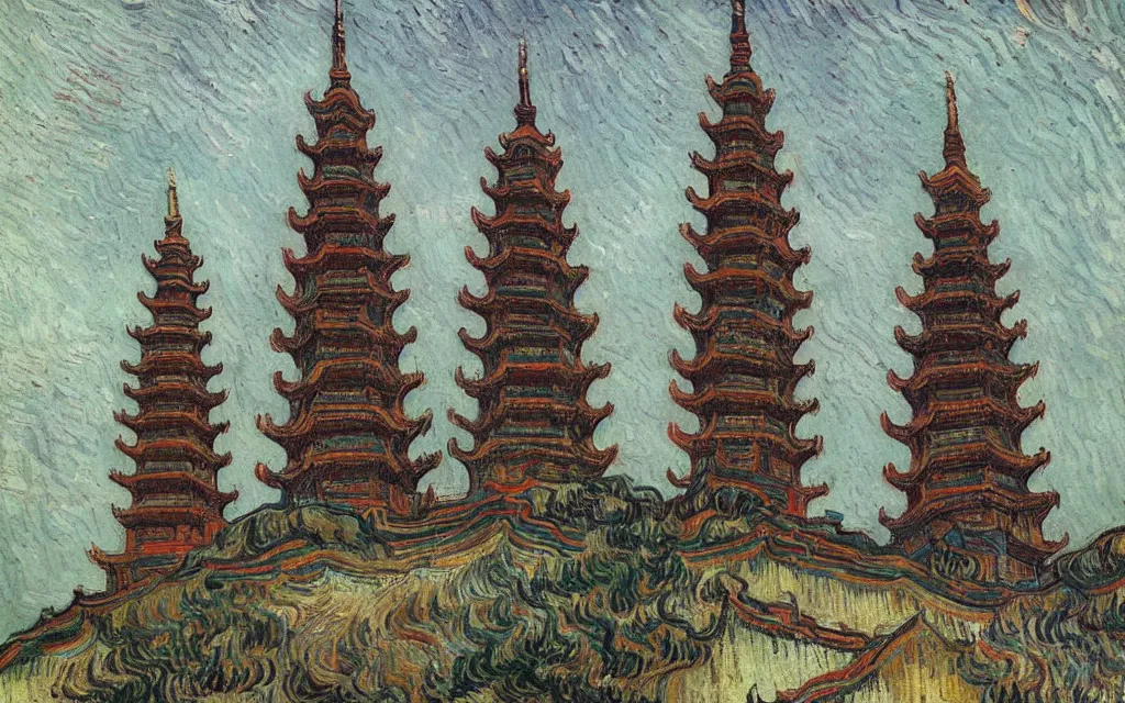 Image similar to twin ornate chinese buddhist pagodas in a beautiful chinese landscape by vincent van gogh