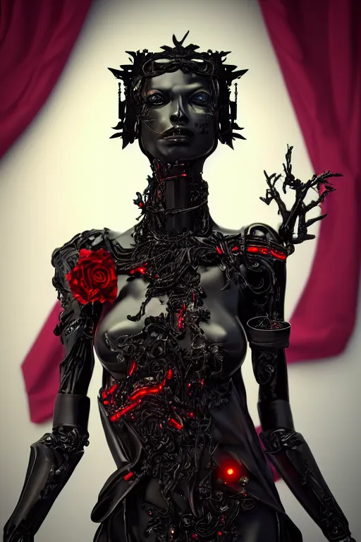 Prompt: full-body cyberpunk style sculpture of a young beautiful dark priestess, half android with a head opening exposing circuitry, glowing red eyes, black roses, flowing blood red colored silk, fabric, candles, baroque elements, human skull, full-length view. baroque element. intricate artwork by Caravaggio. crows flying in background. Trending on artstation, octane render, cinematic lighting from the right, hyper realism, octane render, 8k, depth of field, 3D