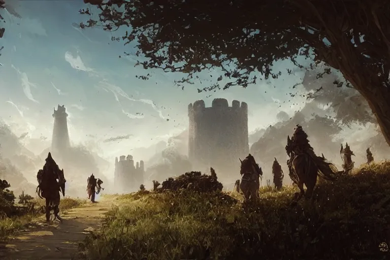 Prompt: D&D adventurers travel down the road in an open landscape, a city with a white tower is miles off in the distance, by greg rutkowski, craig mullins, andrea rocha, raphael lacoste.