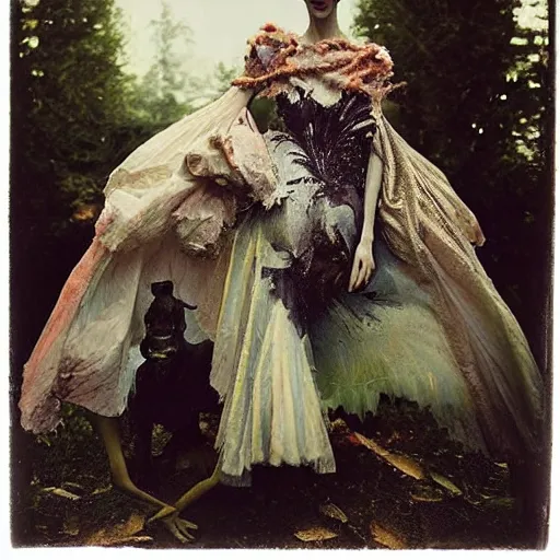 Image similar to damaged kodak portra 4 0 0, wetplate, photo of a surreal artsy dream scene,, very beautiful model, weird fashion, grotesque, extravagant dress, strange pose, carneval, with an animal, wtf, photographed by paolo roversi style