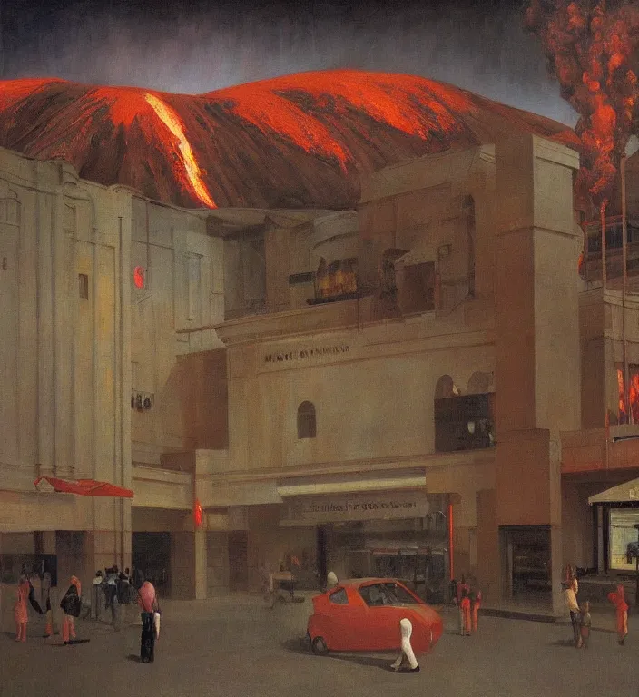 Image similar to active volcano in magnificent shopping mall, oil painting by edward hopper, zdislav beksinski, wayne barlowe