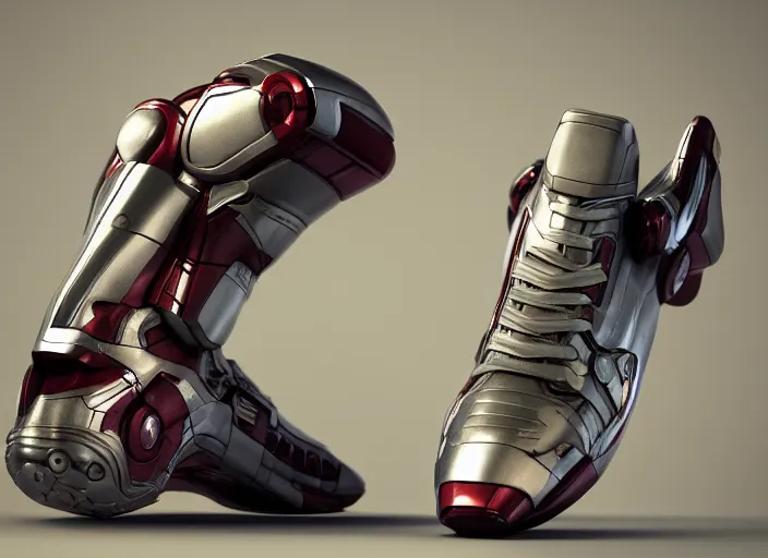 Image similar to sneakers of iron man by tim burton, view from the side, render, cinema 4 d, octane render