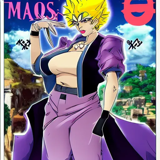 Image similar to a jojo bizarre adventures cover : Marie the mother of Jesus posing jojo style