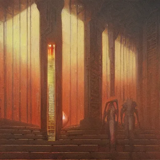 Image similar to painting of a scifi ancient civilzation victorian, brutalist architecture, bright lights, beksinski