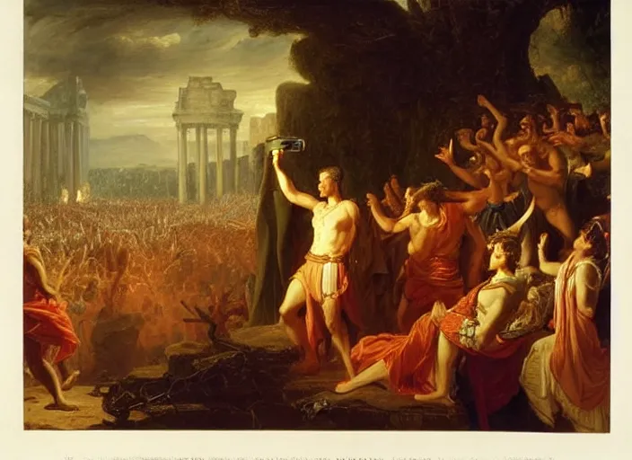 Image similar to julius caesar taking a selfie with an iphone as rome burns behind him by thomas cole and albert bierstadt and vladimir volegov and alexander averin and pierre auguste cot and delphin enjolras