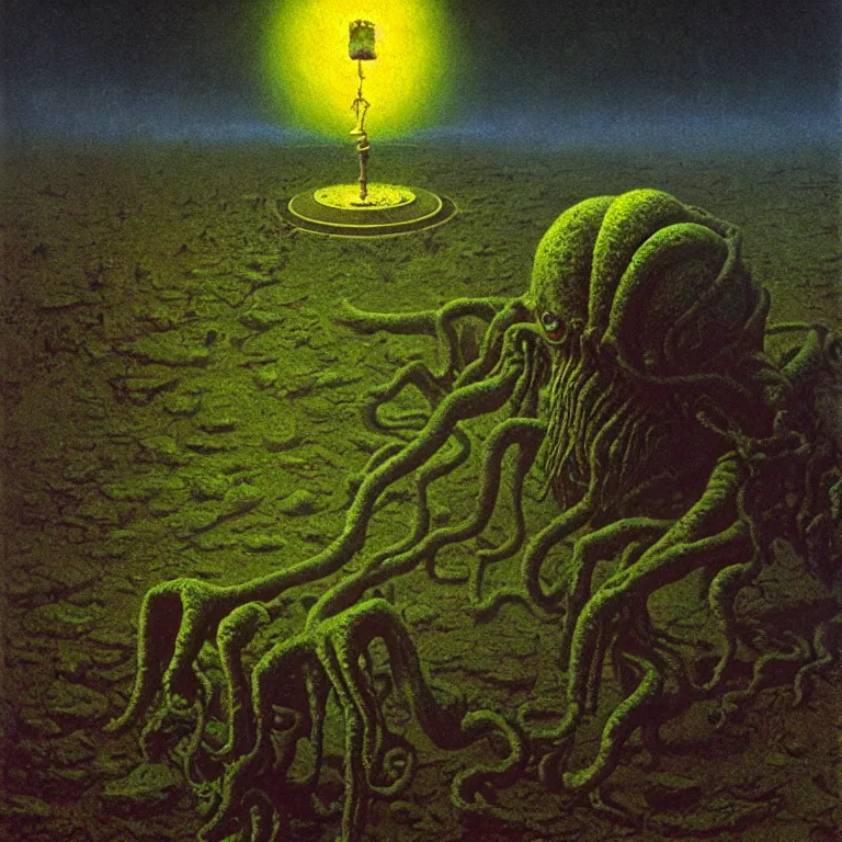 Prompt: a cinematic scene tennis ball monster from the cthulhu in nevada test side, lovecraft, concept art by beksinski and jean delville, dramatic lighting, ultra hd, hdr, 8 k