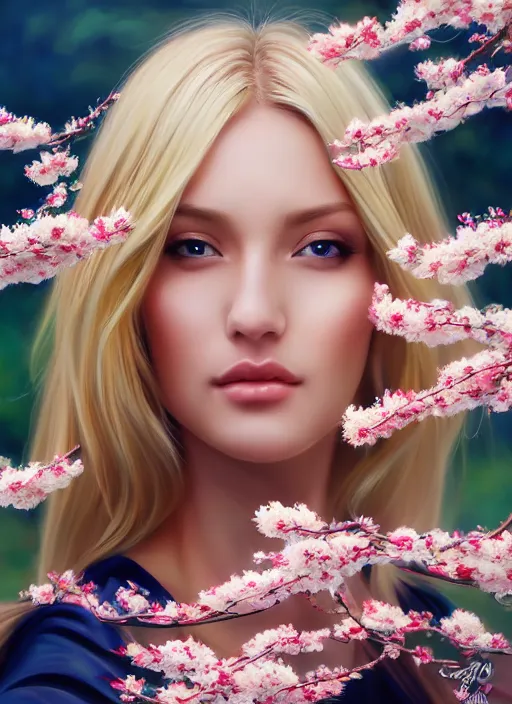 Image similar to photo of a gorgeous blonde female in the style of stefan kostic, realistic, half body shot, sharp focus, 8 k high definition, insanely detailed, intricate, elegant, art by stanley lau and artgerm, extreme blur cherry blossoms background