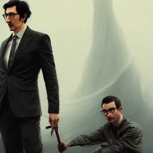 Image similar to painting of both john oliver and adam driver together, john oliver in front, full body, elegant, beautiful, highly detailed, centered, dark, smokey, digital painting, concept art, smooth, sharp focus, illustration, deviant art, art by greg rutkowski, karol bak and peter mohrbacher