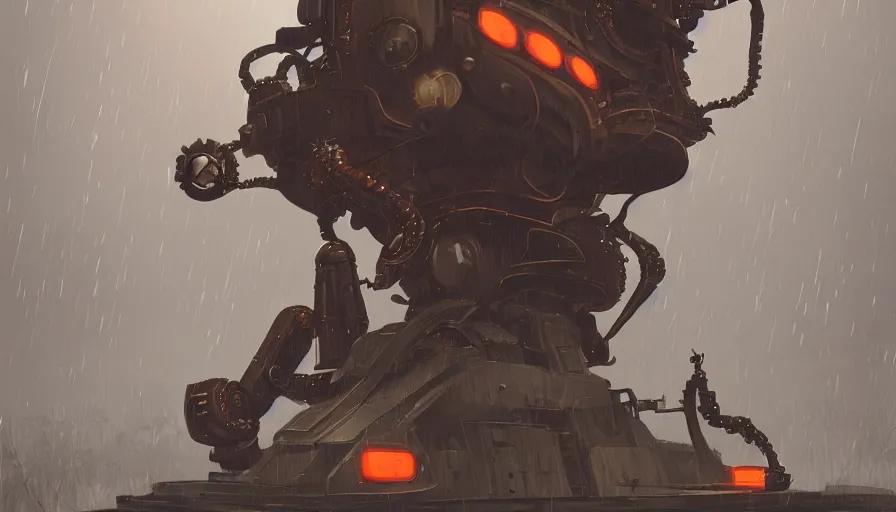 Prompt: steampunk robot, raining, sharp focus, james gilleard, cinematic, game art, extremely detailed digital painting