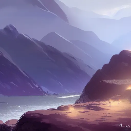 Prompt: the mountains of mourne in ireland sweeping down to the sea, highly detailed, digital painting, concept art, sharp focus, by makoto shinkai