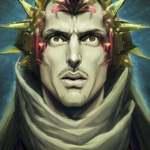 Image similar to 4K headshot portrait of godlike Warlock of Nazareth with defined arms and open hands and bloody clothes with giant mandala wings , intricate face , flawless anime cel animation by Kentaro Miura, psychedelic , highly detailed upper body , professionally post-processed , beautiful, scary, symmetry accurate features, epic, octane rendered, anime masterpiece, accurate by Craig Mullins, ilya kuvshinov, krenz cushart, epic , artgerm trending on artstation by Edward Hopper and Dan Mumford and WLOP and Rutkovsky, beksinski carl spitzweg moebius and tuomas kocar, intricate artwork by caravaggio, Unreal Engine 5, Lumen, Nanite