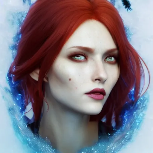 Image similar to redhead vampire sorceress, perfect face viewed in profile, bright glowing blue and silver eyes, gold shirt, cinematic, floating ash, stunning, highly detailed, artstation, smooth, hard focus, concept art, art by artgerm and greg rutkowski and alphonse mucha, volumetric lighting, octane render, 4 k resolution, trending on artstation, masterpiece