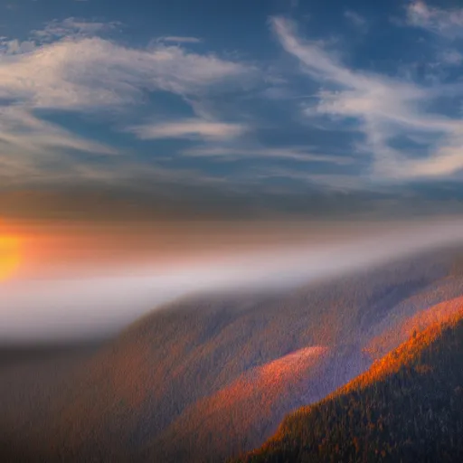 Prompt: tall mountain, realistic, detailed, fog, award winning photo, sunset, 8 k