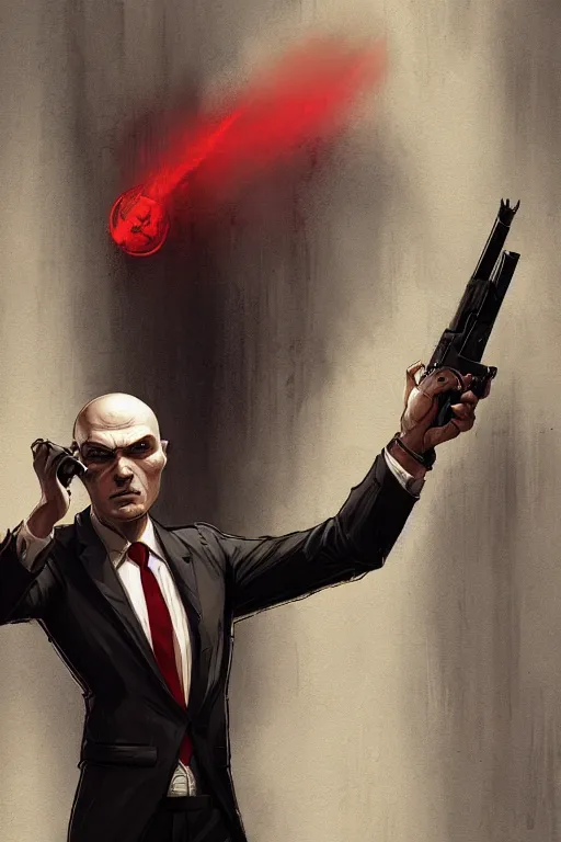 Image similar to an intricate and expressive portrait of agent 4 7 from hitman choosing a weapon from a wall full of guns, dark background, red rim light, highly detailed, digital art, artstation, concept art by giger stalenhag